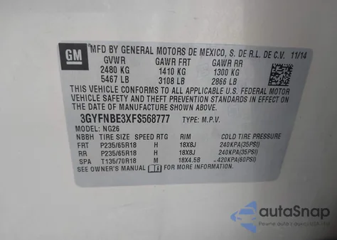 2015 Cadillac Srx Luxury Collection z USA, uszkodzony, nr VIN 3GYFNBE3XFS568777